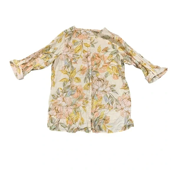 Nicole Miller New York 100% Linen Floral Button Up Tunic Blouse Cream Pink 1X - Picture 1 of 6